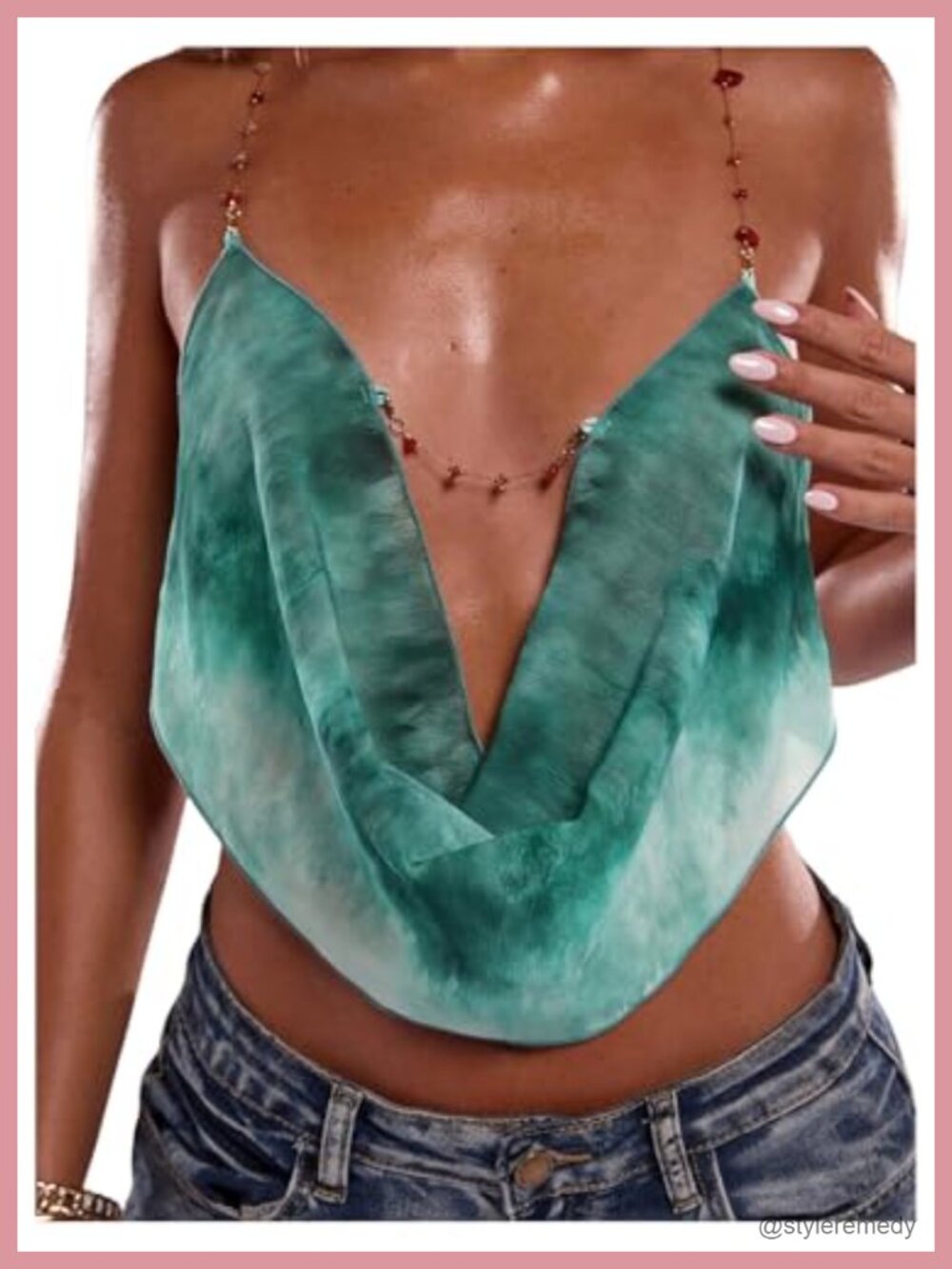 Women's Boho Floral Beaded Chain Crop Cami Backless Draped Top